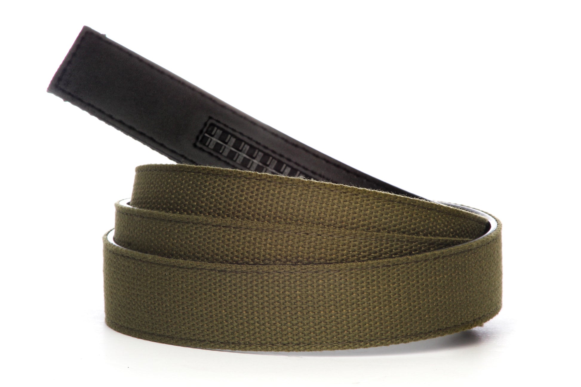Men's canvas belt strap in olive drab with a 1.25-inch width, casual look, microfiber back
