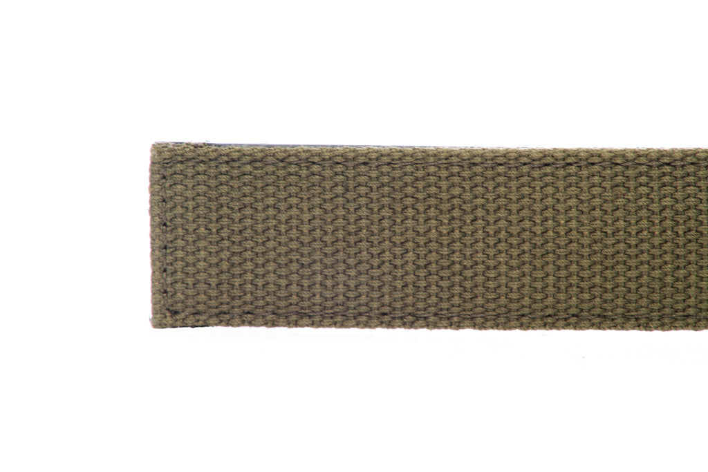 Men's canvas belt strap in olive drab with a 1.25-inch width, casual look, tip of the strap