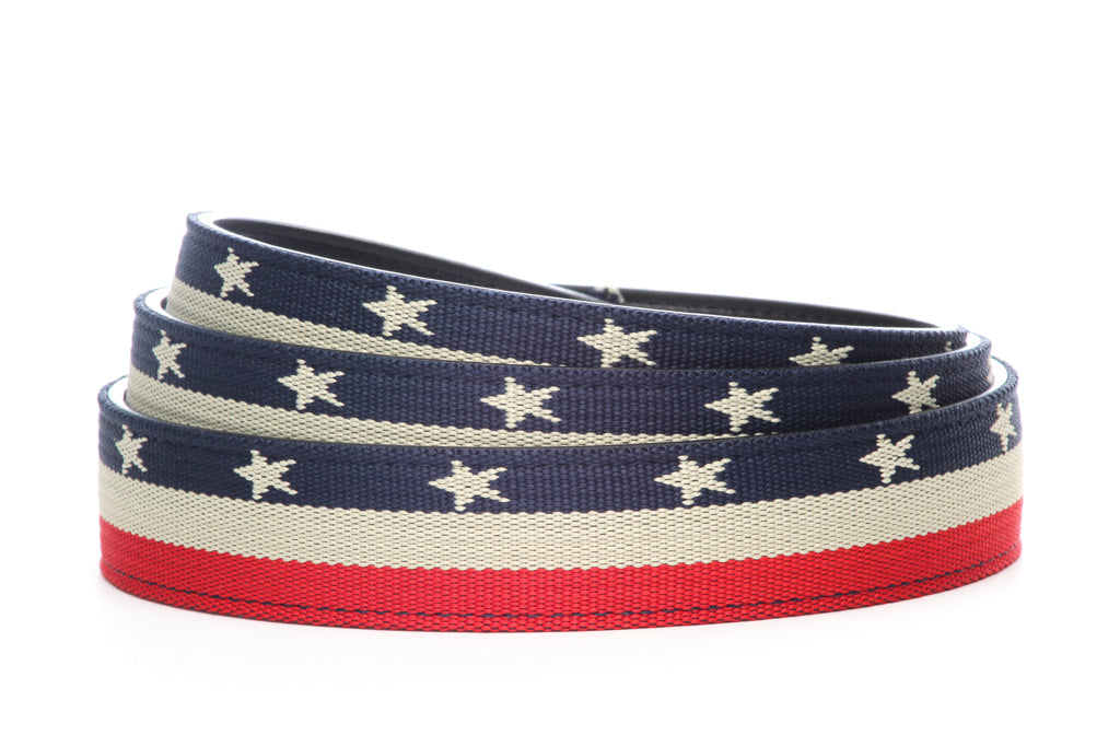 Men's canvas belt strap in stars and stripes with a 1.25-inch width, casual look