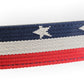 Men's canvas belt strap in stars and stripes, 1.5 inches wide, casual look, pattern close up