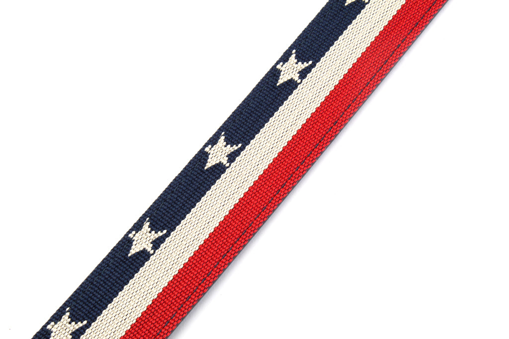 Men's canvas belt strap in stars and stripes, 1.5 inches wide, casual look, slanted view