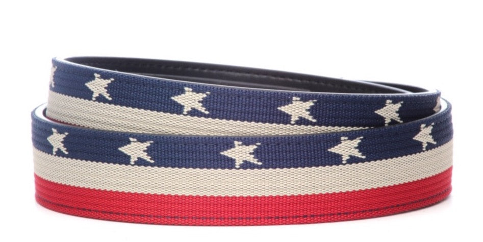 Men's canvas belt strap in stars and stripes, 1.5 inches wide, casual look