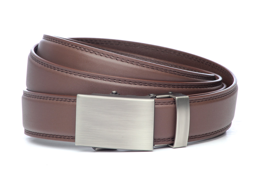 Men’s chocolate leather belt strap with classic buckle in gunmetal, formal look, 1.25 inches wide