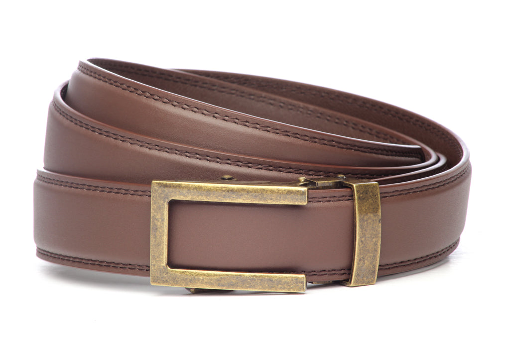 Men’s chocolate leather belt strap with traditional buckle in antiqued gold, formal look, 1.25 inches wide
