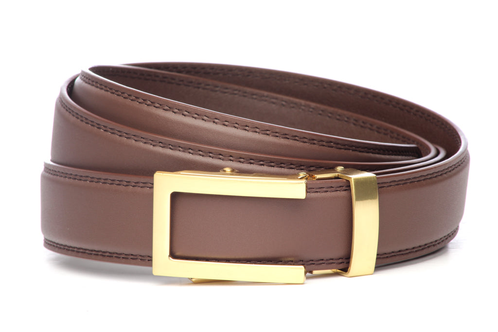 Men’s chocolate leather belt strap with traditional buckle in gold, formal look, 1.25 inches wide
