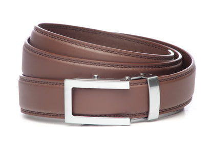 Men’s chocolate leather belt strap with traditional buckle in silver, formal look, 1.25 inches wide