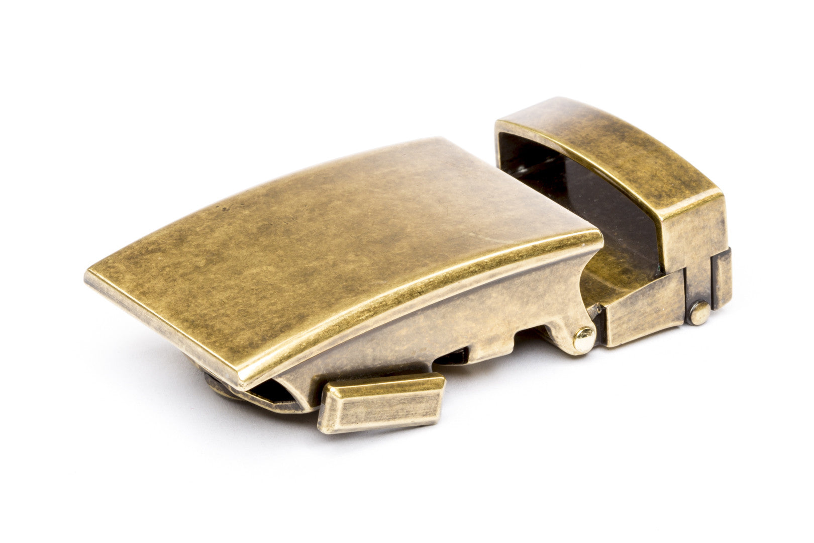 Men's classic ratchet belt buckle in antiqued gold with a 1.25-inch width.
