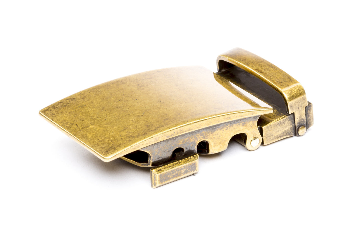Men's classic ratchet belt buckle in antiqued gold with a width of 1.5 inches.