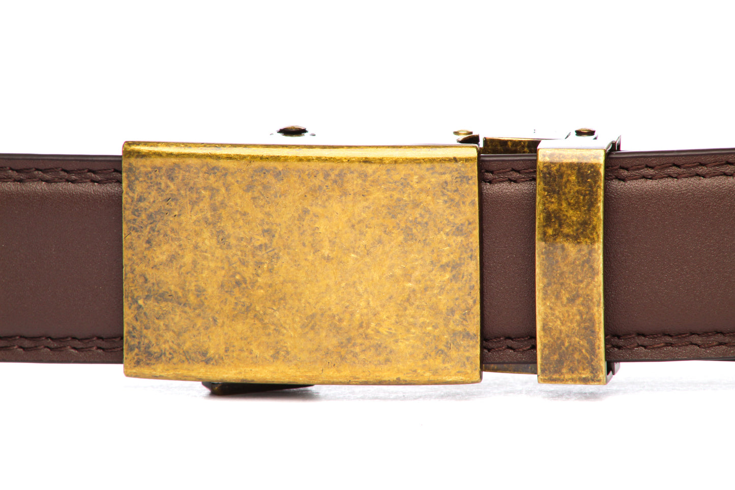 Men's classic ratchet belt buckle in antiqued gold with a 1.25-inch width, front view.