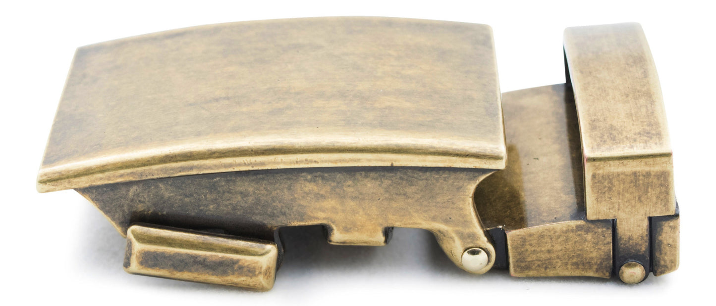 Men's classic ratchet belt buckle in antiqued gold with a 1.25-inch width, left side view.