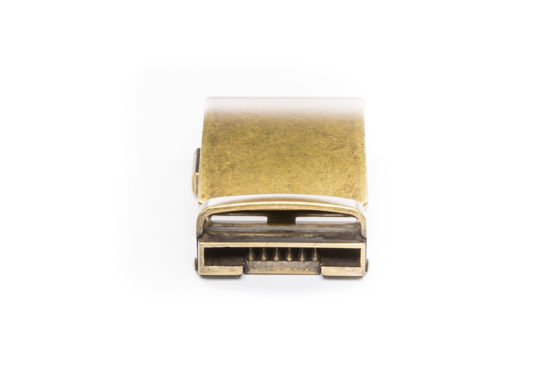 Men's classic ratchet belt buckle in antiqued gold with a width of 1.5 inches, rear view.