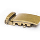 Men's classic ratchet belt buckle in antiqued gold with a width of 1.5 inches, right side view.