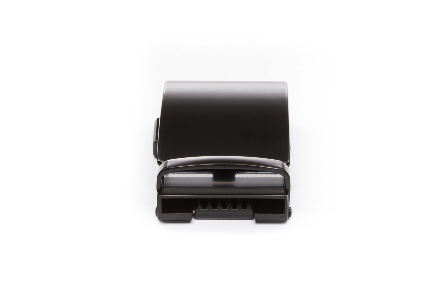 Men's classic ratchet belt buckle in black with a width of 1.5 inches, rear view.