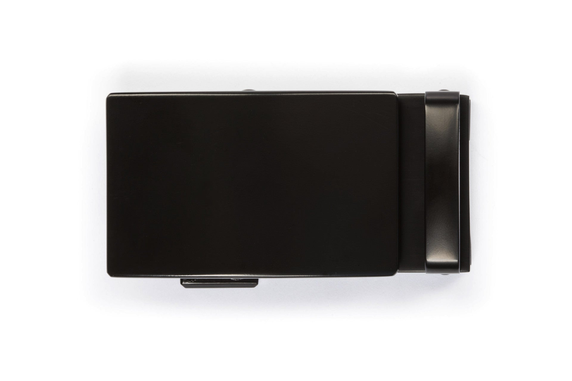 Men's classic ratchet belt buckle in black with a width of 1.5 inches, top view.
