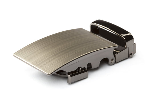 Men's classic ratchet belt buckle in formal gunmetal with a width of 1.5 inches.