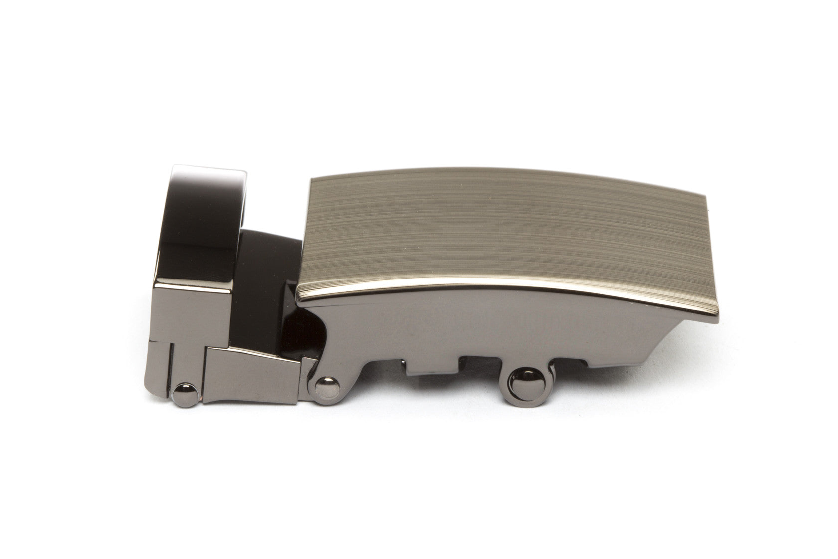 Men's classic ratchet belt buckle in formal gunmetal with a 1.25-inch width, right side view.