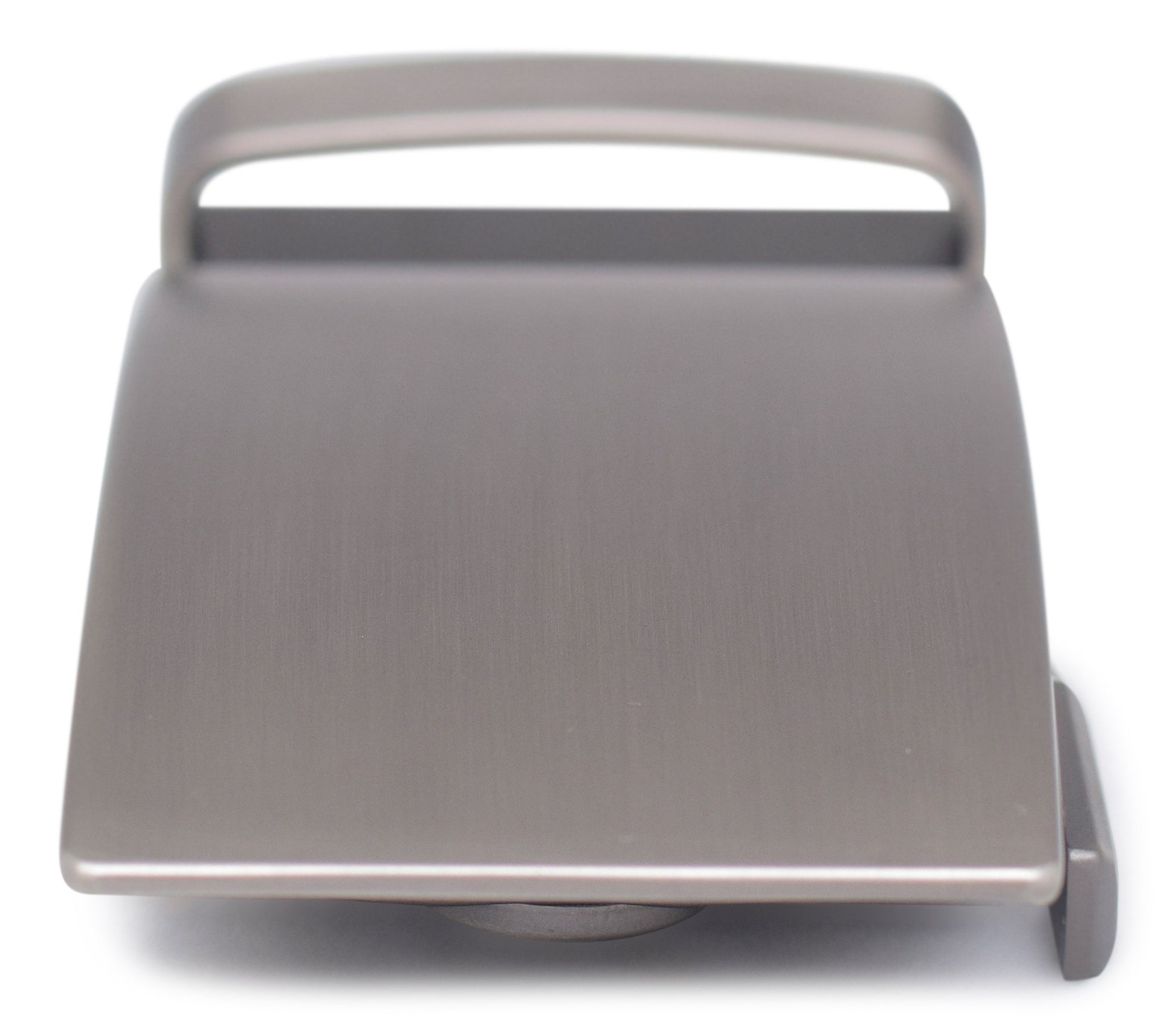 Men's classic ratchet belt buckle in gunmetal with a width of 1.5 inches, close up front view.