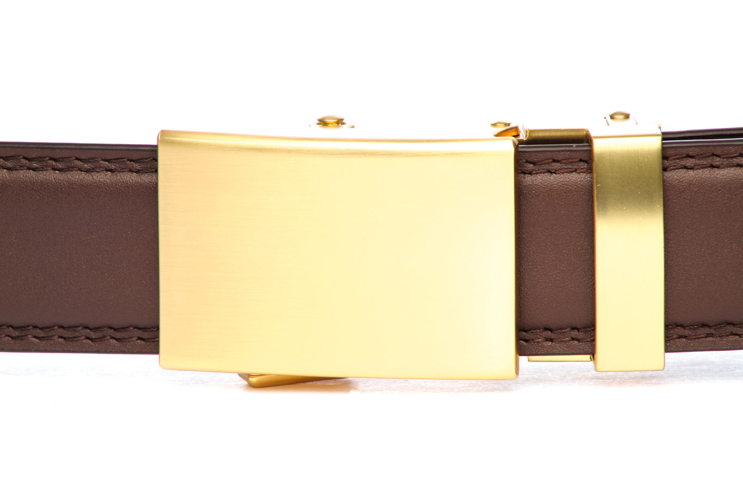 Men's classic ratchet belt buckle in matte gold with a 1.25-inch width, front view.