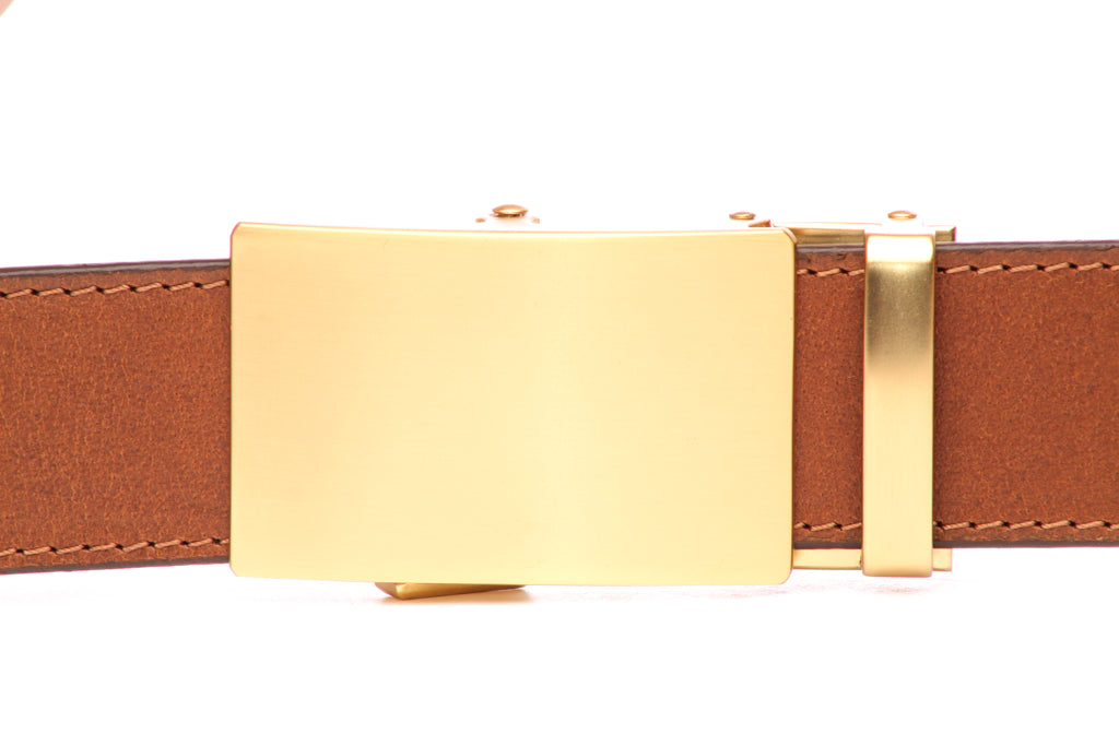 Men's classic ratchet belt buckle in matte gold with a width of 1.5 inches, front view.
