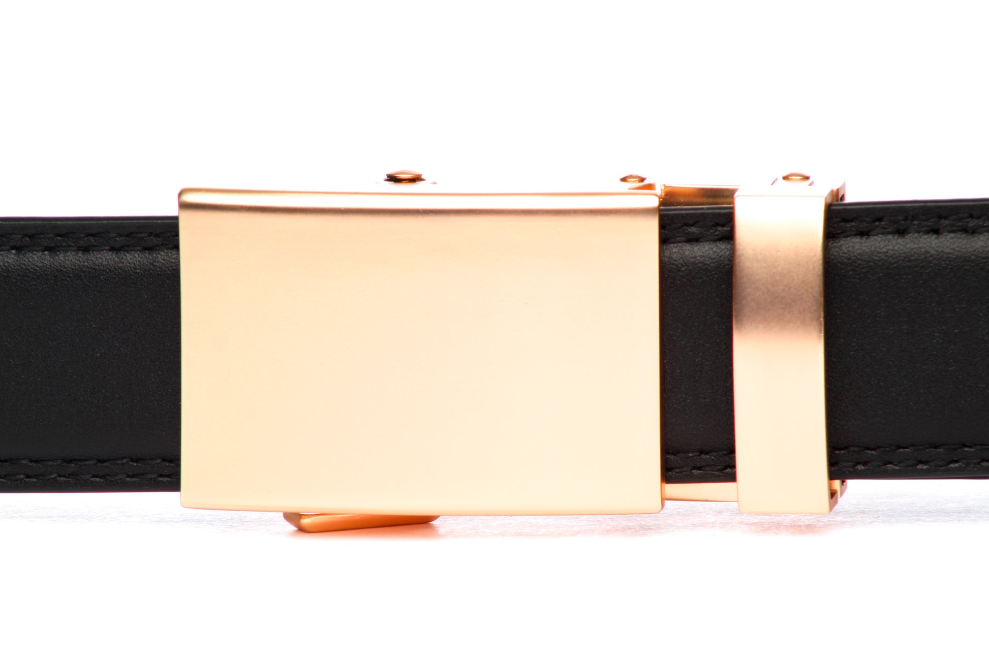 Men's classic ratchet belt buckle in rose gold with a 1.25-inch width, front view.