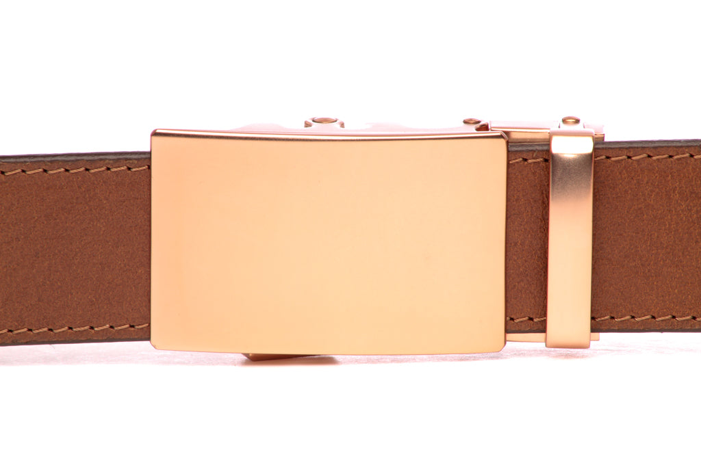 Men's classic ratchet belt buckle in rose gold with a width of 1.5 inches, front view.