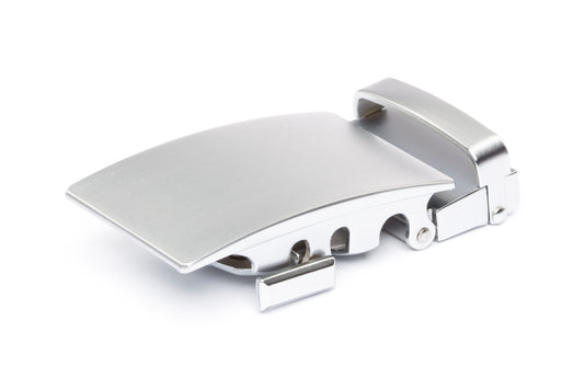 Men's classic ratchet belt buckle in silver with a width of 1.5 inches.