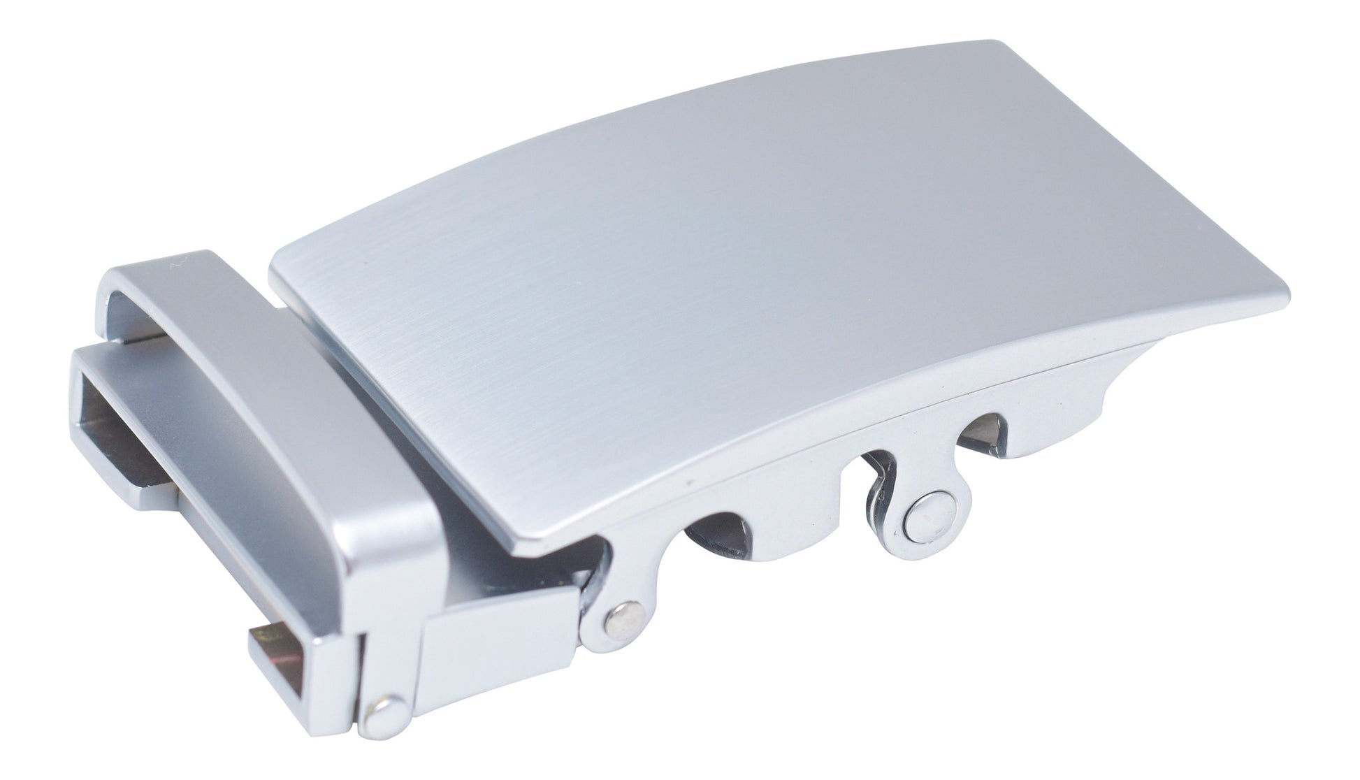Men's classic ratchet belt buckle in silver with a width of 1.5 inches, right side view.