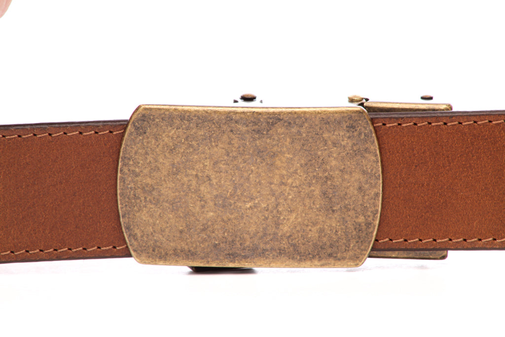 Men's classic with a curve ratchet belt buckle in antiqued gold with a width of 1.5 inches, front view.