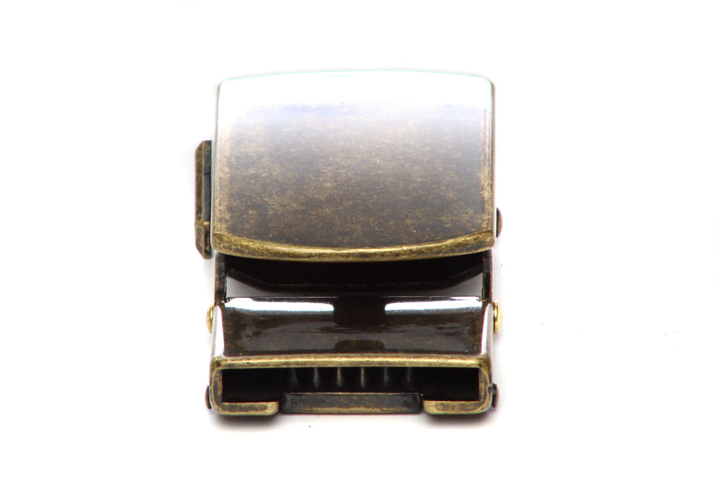 Men's classic with a curve ratchet belt buckle in antiqued gold with a 1.25-inch width, rear view.