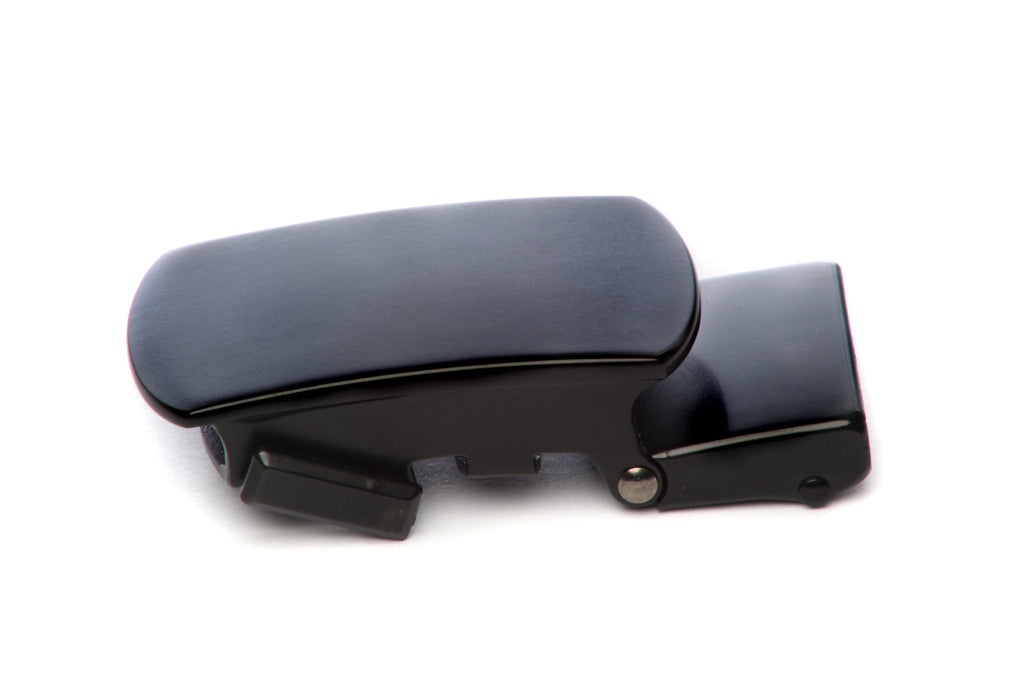 Men's classic with a curve ratchet belt buckle in black with a 1.25-inch width, left side view.