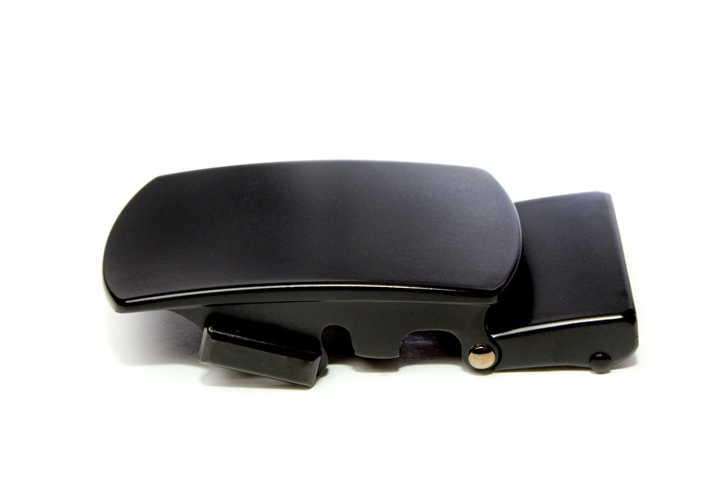 Men's classic with a curve ratchet belt buckle in black with a width of 1.5 inches, left side view.