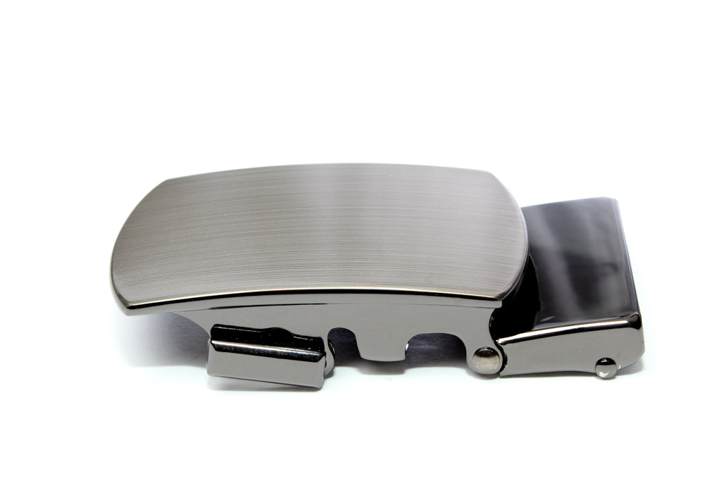 Men's classic with a curve ratchet belt buckle in formal gunmetal with a width of 1.5 inches, left side view.
