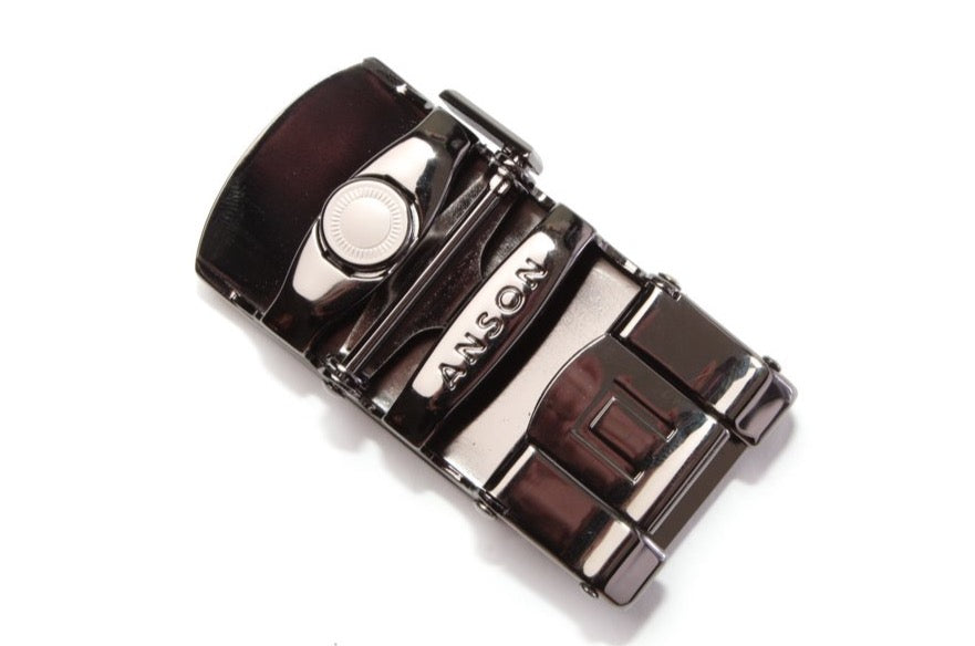 Men's classic with a curve ratchet belt buckle in formal gunmetal with a width of 1.5 inches, mechanism view.