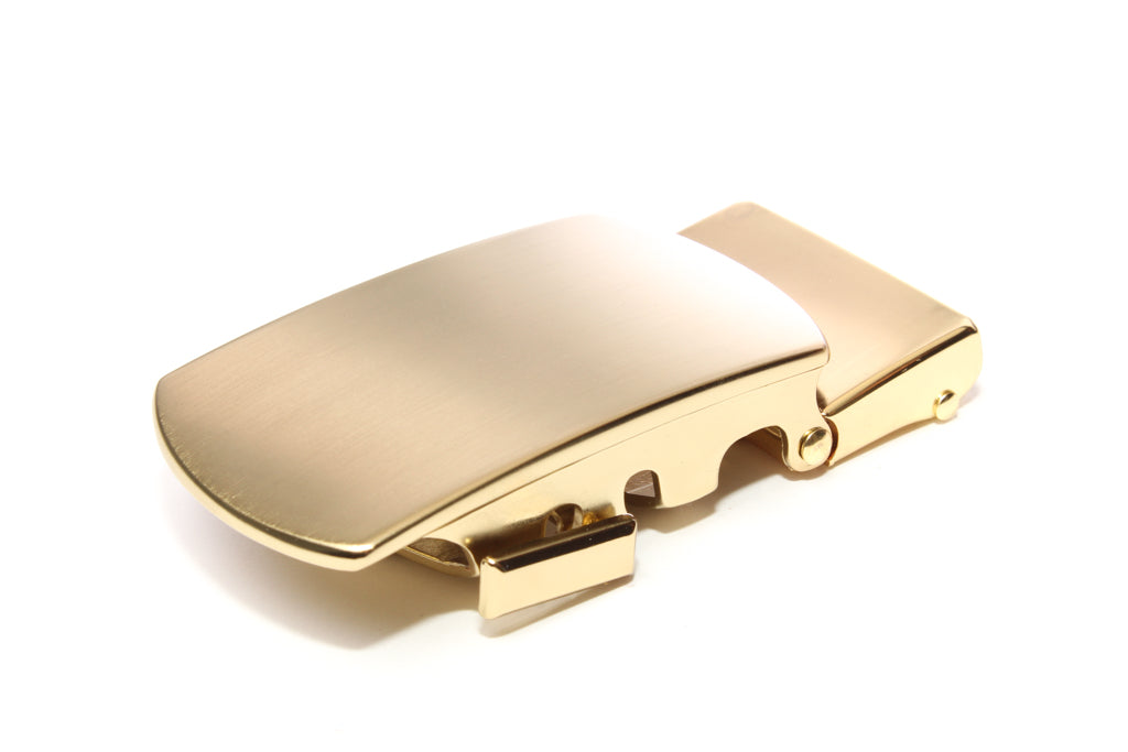 Men's classic with a curve ratchet belt buckle in matte gold with a width of 1.5 inches.