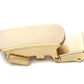 Men's classic with a curve ratchet belt buckle in matte gold with a 1.25-inch width, left side view.