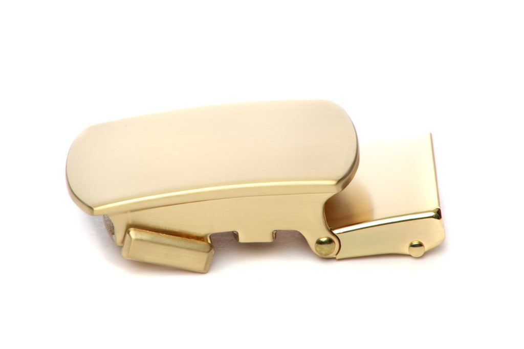 Men's classic with a curve ratchet belt buckle in matte gold with a 1.25-inch width, left side view.