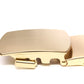 Men's classic with a curve ratchet belt buckle in matte gold with a width of 1.5 inches, left side view.