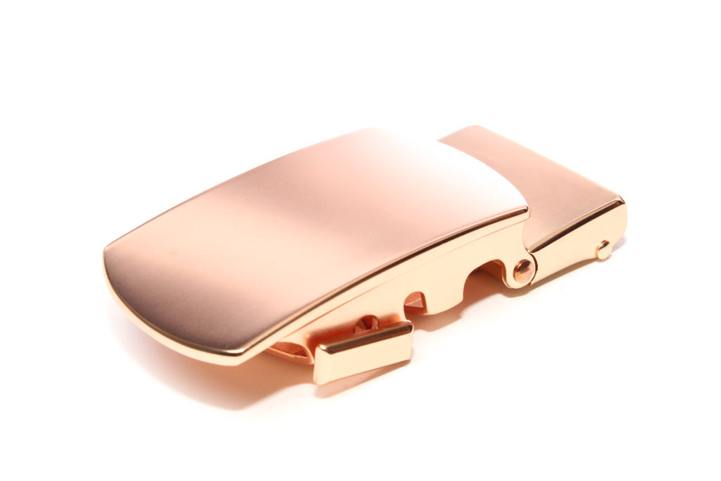 Men's classic with a curve ratchet belt buckle in rose gold with a width of 1.5 inches.