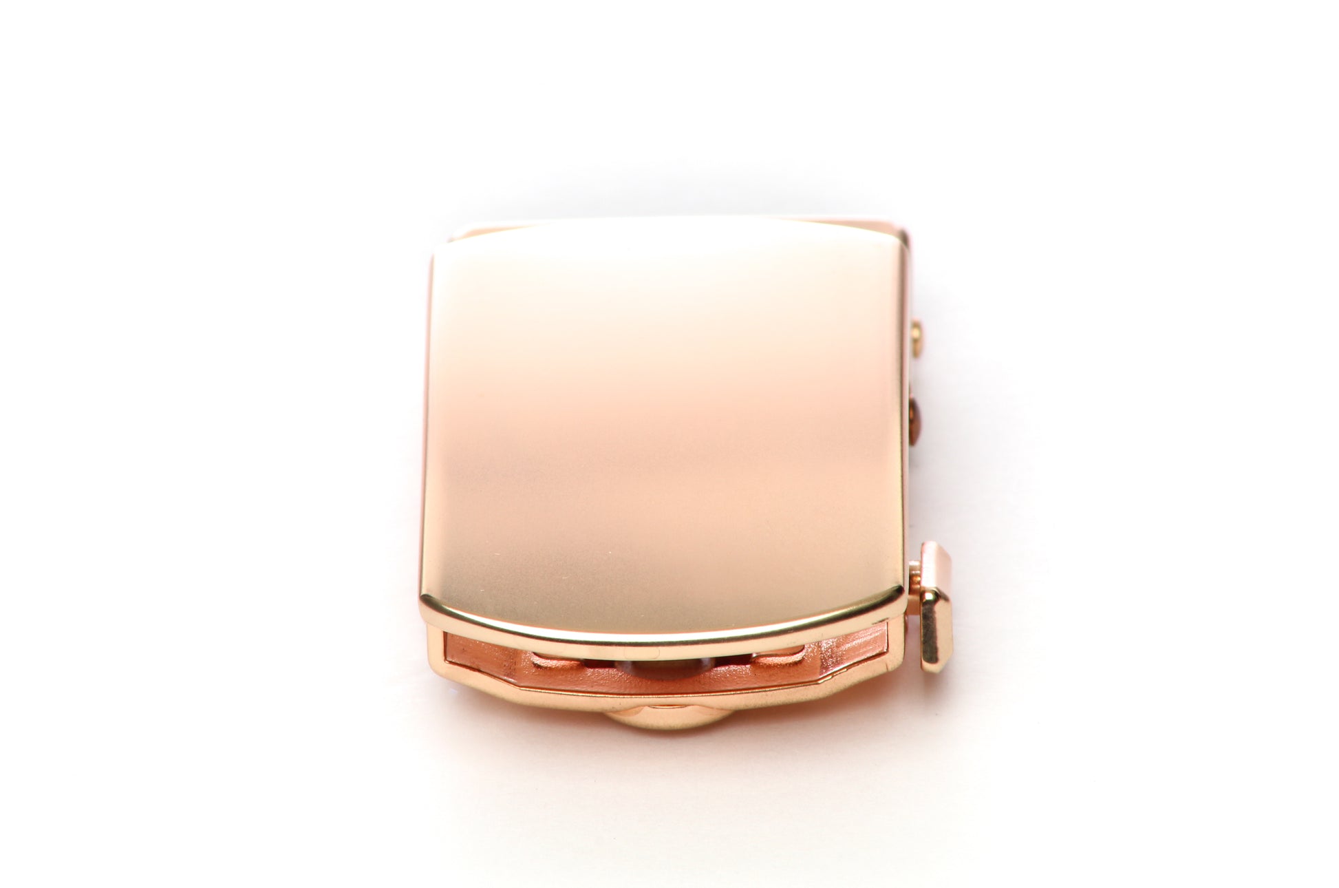 Men's classic with a curve ratchet belt buckle in rose gold with a 1.25-inch width, front view.