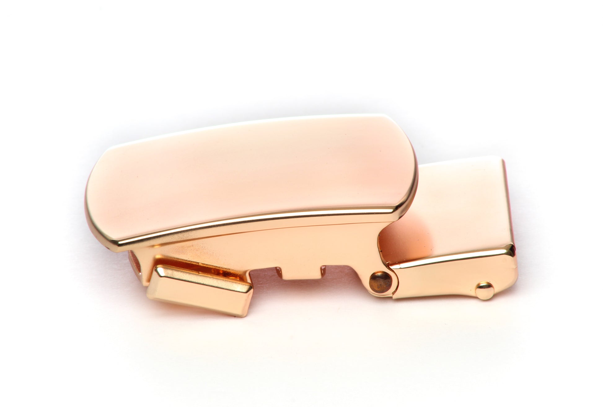 Men's classic with a curve ratchet belt buckle in rose gold with a 1.25-inch width, left side view.