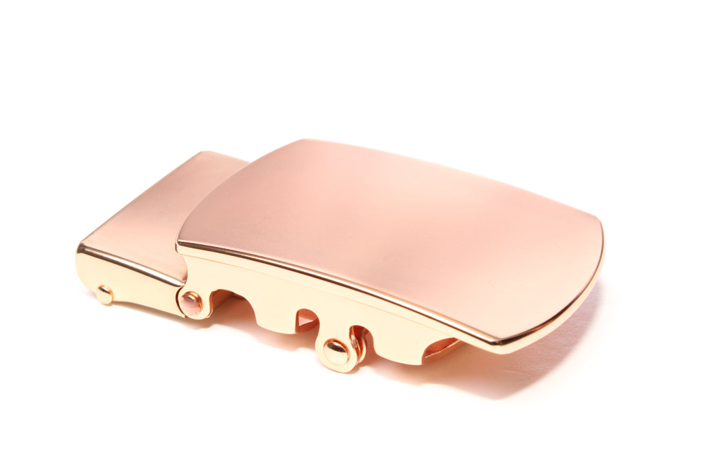 Men's classic with a curve ratchet belt buckle in rose gold with a width of 1.5 inches, right side view.