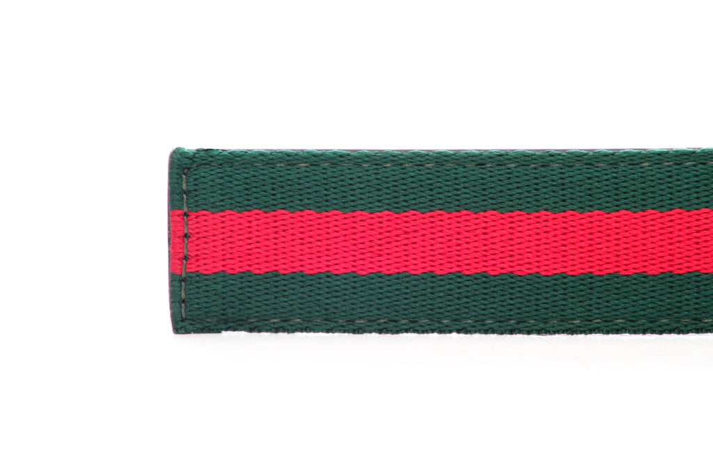 Men's cloth belt strap in green-red stripe with a 1.25-inch width, casual look, tip of the strap
