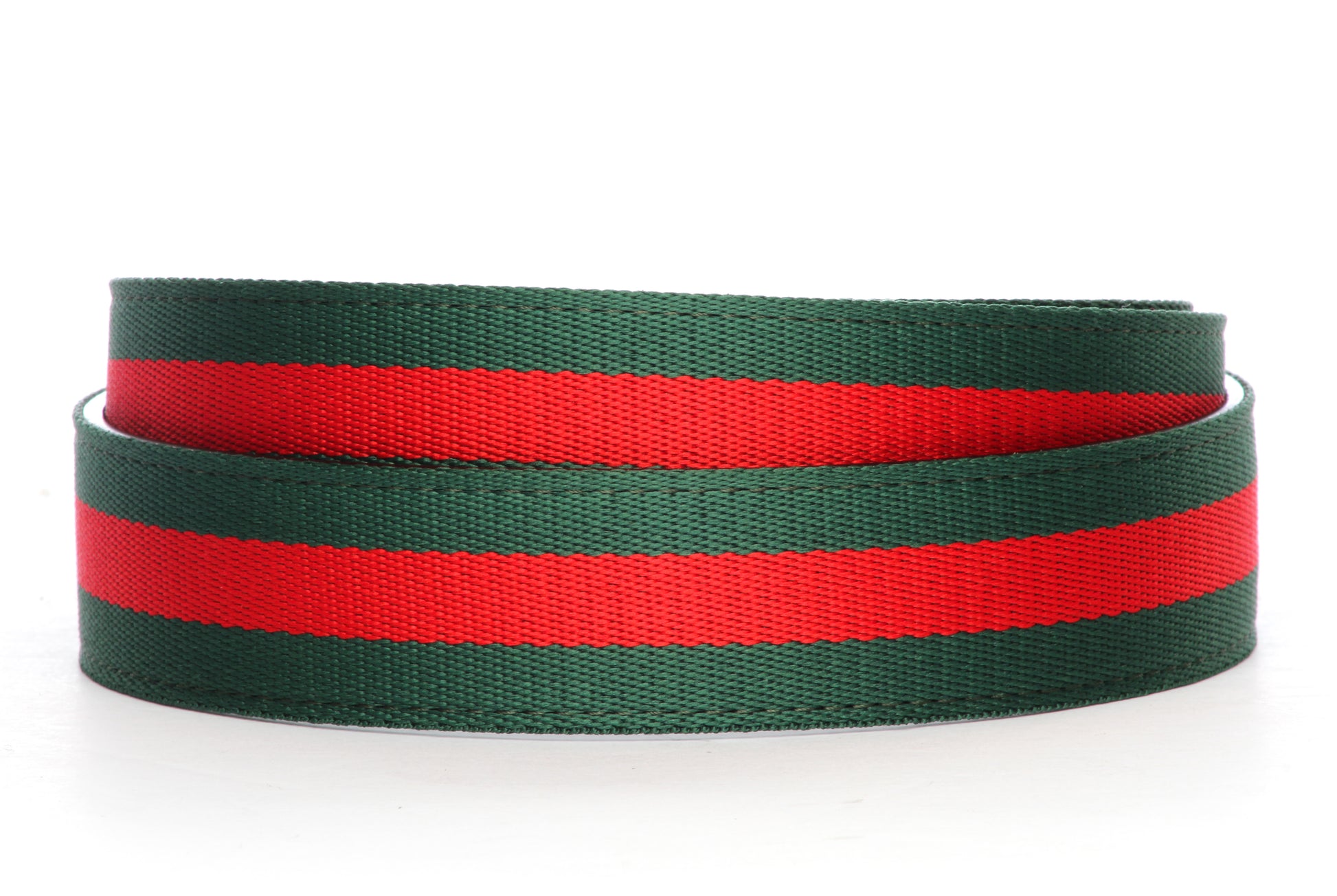 Men's cloth belt strap in green-red stripe, 1.5 inches wide, casual look