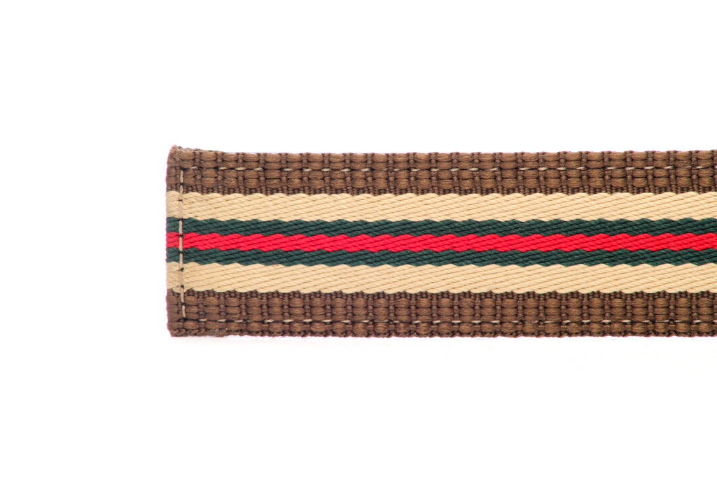 Men's cloth belt strap in green-red stripe with trim, 1.25-inch width, casual look, tip of the strap