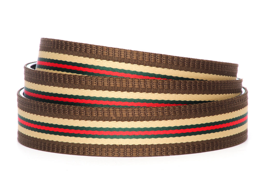 Men's cloth belt strap in green-red stripe with trim, 1.25-inch width, casual look