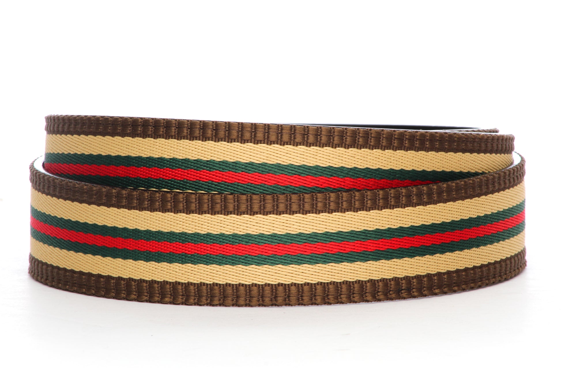 Men's cloth belt strap in green-red stripe with trim, 1.5 inches wide, casual look