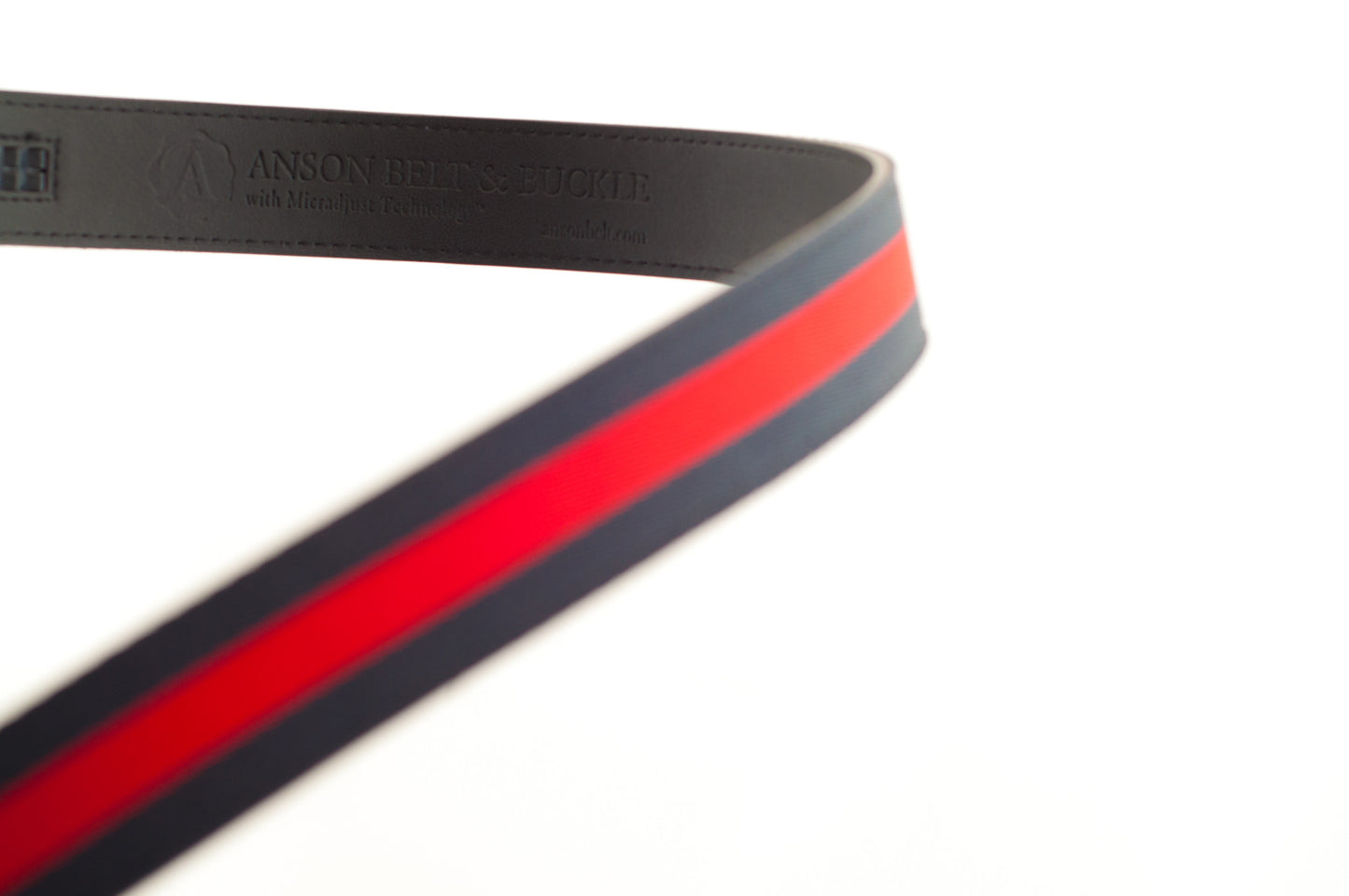 Men's cloth belt strap in navy-red stripe with a 1.25-inch width, casual look, anson belt brand name and logo on the back