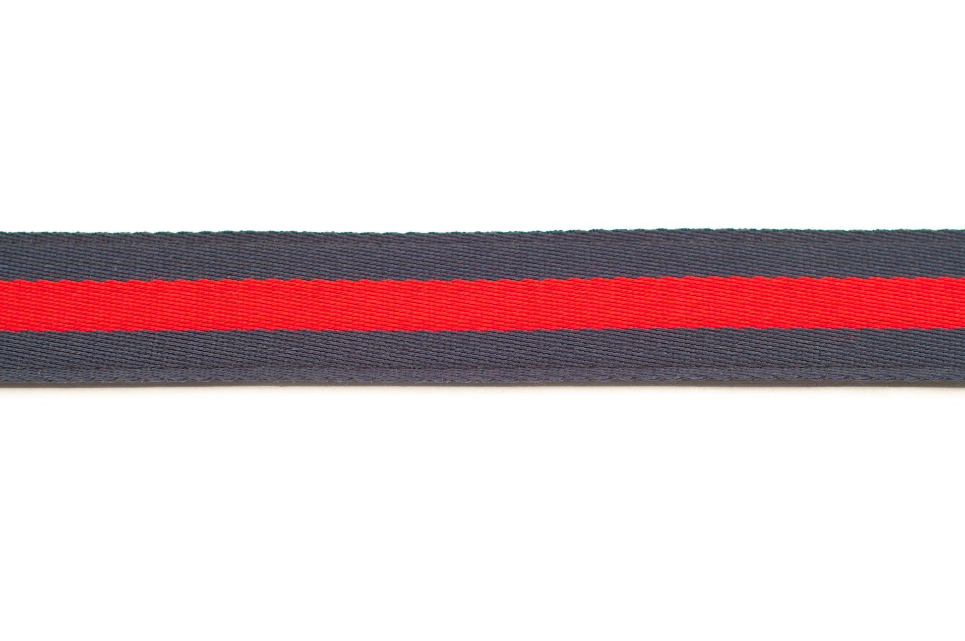 Men's cloth belt strap in navy-red stripe with a 1.25-inch width, casual look, flat lay