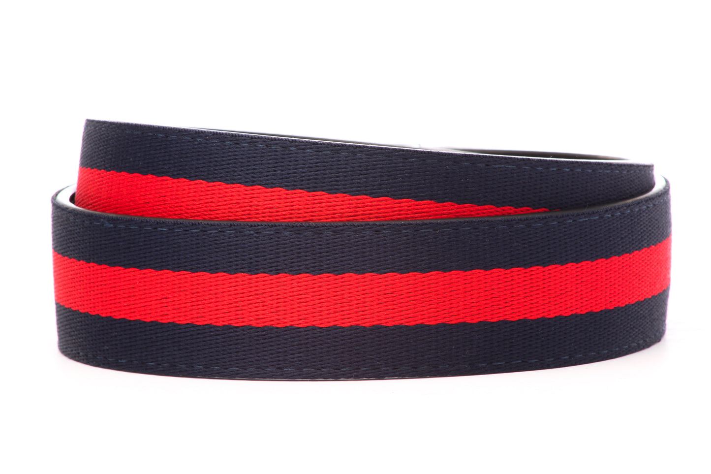 Men's cloth belt strap in navy with red stripe, 1.5 inches wide, casual look