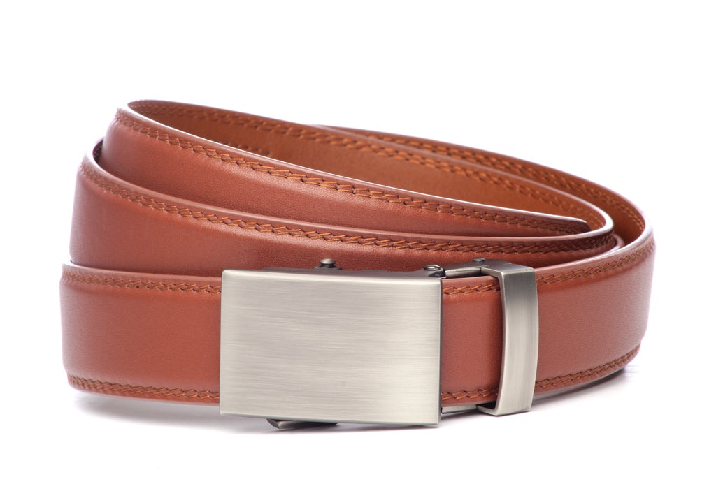 Men’s cognac leather belt strap with classic buckle in gunmetal, formal look, 1.25 inches wide